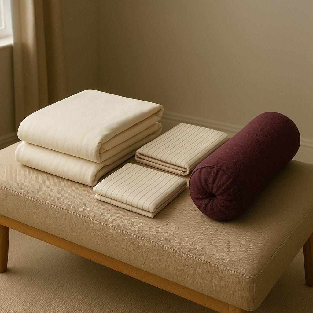 Folded duvet cover and two pillowcases beside a complete plum bolster pillow
